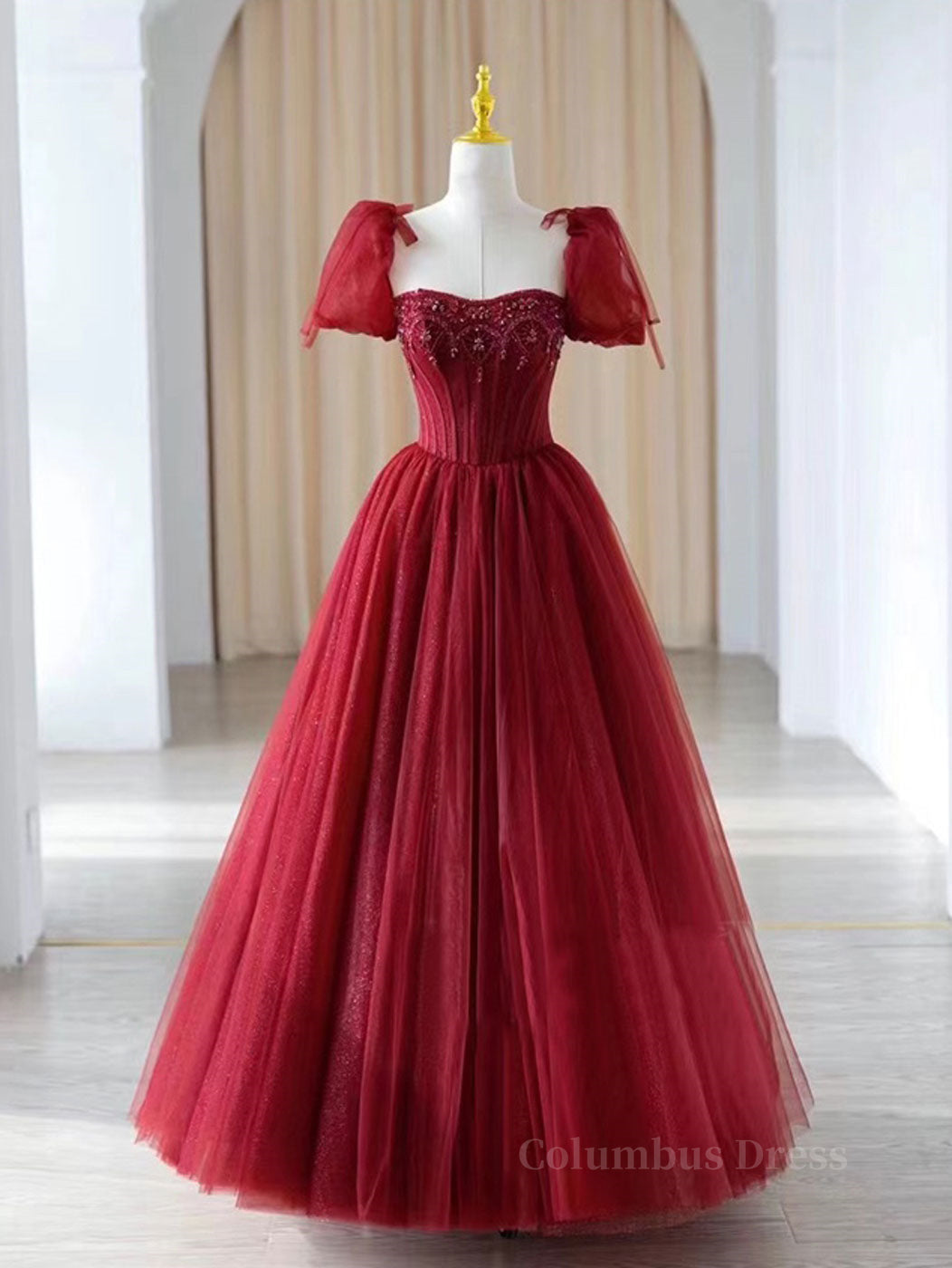 Prom Dresses 04, Burgundy A line tulle beads long prom dress burgundy formal dress