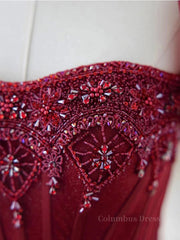 Prom Dress 04, Burgundy A line tulle beads long prom dress burgundy formal dress