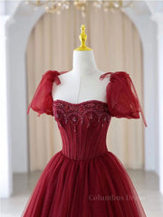 Prom Dresses 2026 Ball Gown, Burgundy A line tulle beads long prom dress burgundy formal dress