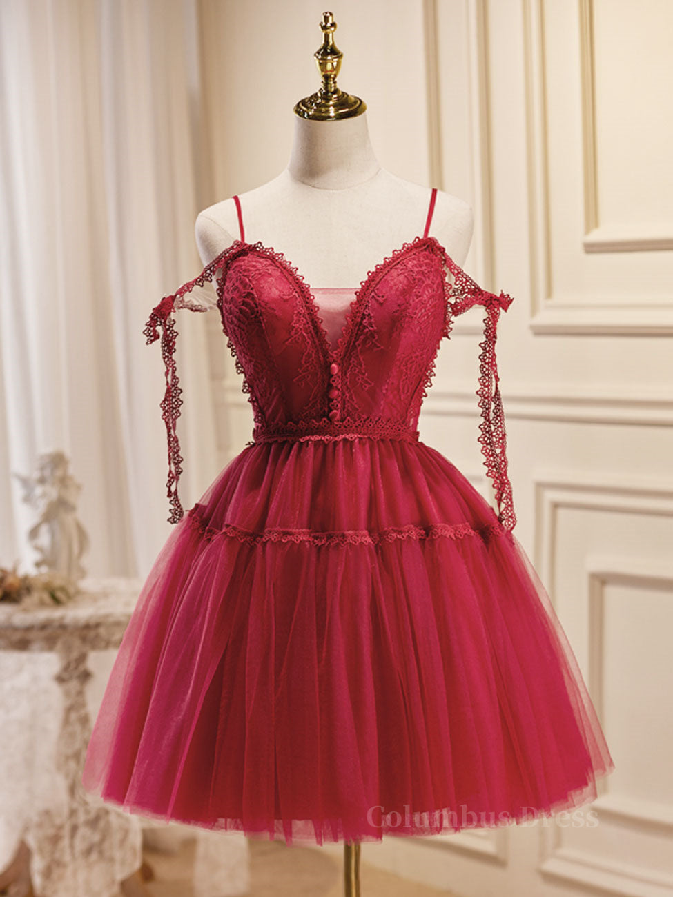 Prom Dresses Long Open Back, Burgundy A-Line Tulle Lace Short Prom Dress, Burgundy Homecoming Dresses