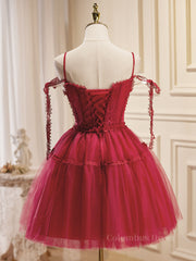 Prom Dresses Photos Gallery, Burgundy A-Line Tulle Lace Short Prom Dress, Burgundy Homecoming Dresses