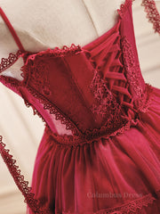 Prom Dress Chiffon, Burgundy A-Line Tulle Lace Short Prom Dress, Burgundy Homecoming Dresses