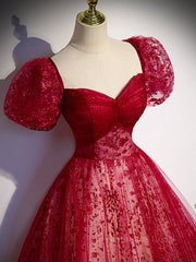 Prom Dresses Blush, Burgundy A line tulle long prom dress burgundy evening dress