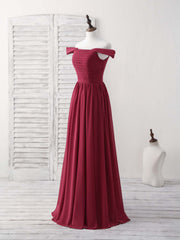 Party Dresse Idea, Burgundy Chiffon Off Shoulder Long Prom Dress Burgundy Bridesmaid Dress