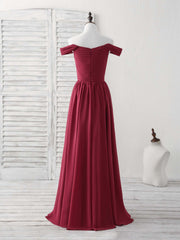 Party Dresses Idea, Burgundy Chiffon Off Shoulder Long Prom Dress Burgundy Bridesmaid Dress