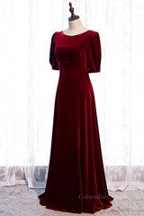 Homecomming Dresses Long, Burgundy Deep V Back Sleeves Scoop Neck Maxi Formal Dress