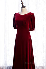 Homecoming Dresses 2025, Burgundy Deep V Back Sleeves Scoop Neck Maxi Formal Dress
