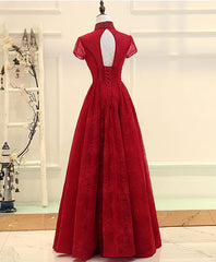 Prom Dresses Silk, Burgundy High Low Lace Long Prom Dress, Burgundy Evening Dress