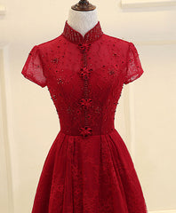 Prom Dress Pieces, Burgundy High Low Lace Long Prom Dress, Burgundy Evening Dress