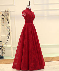 Prom Dresses Piece, Burgundy High Low Lace Long Prom Dress, Burgundy Evening Dress