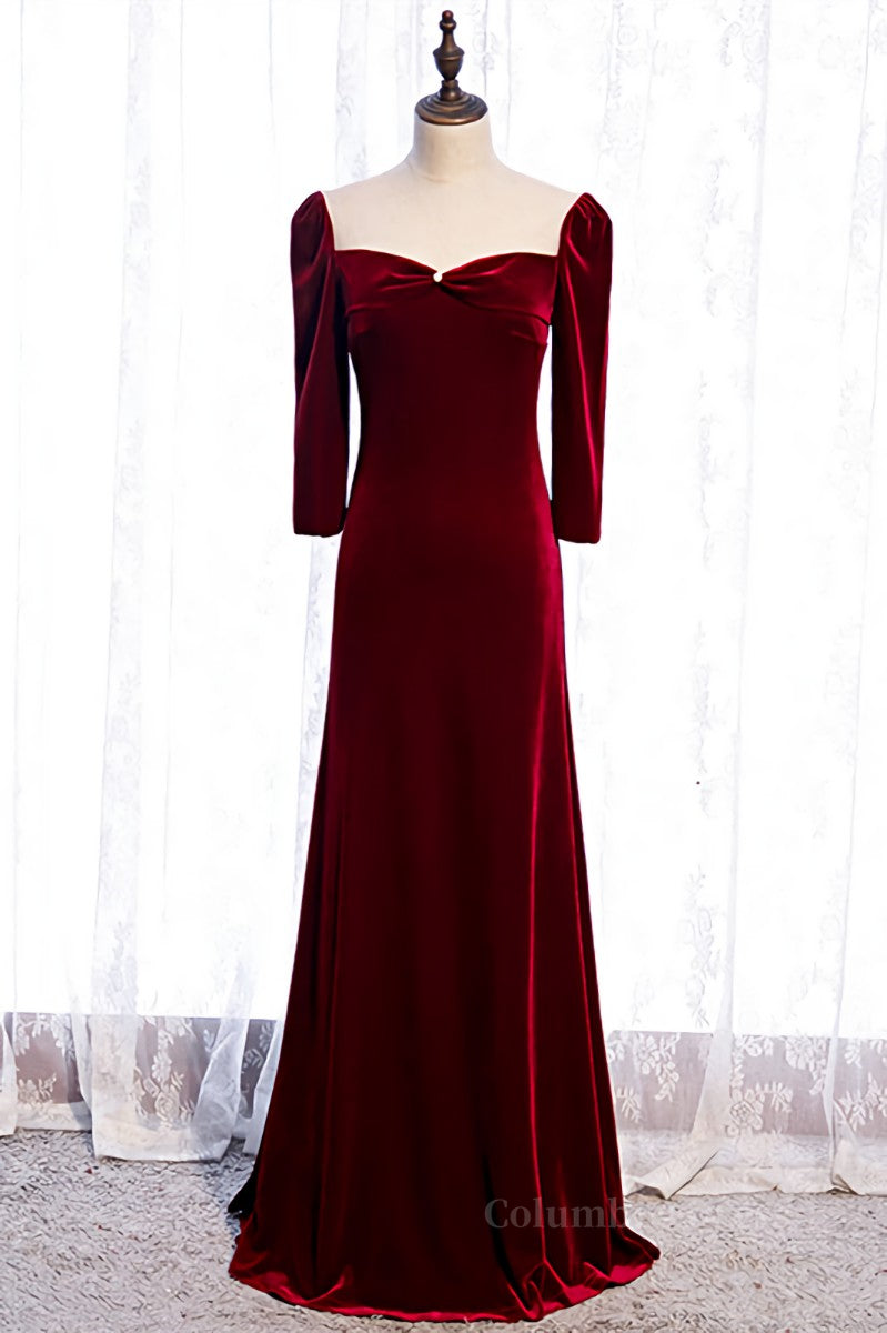 Homecoming Dresses Ideas, Burgundy Illusion Neck Long Sleeves Pleated Maxi Formal Dress with Pearl