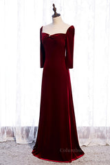 Homecoming Dresses Idea, Burgundy Illusion Neck Long Sleeves Pleated Maxi Formal Dress with Pearl