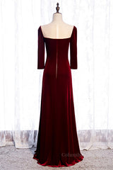 Homecoming Dress Ideas, Burgundy Illusion Neck Long Sleeves Pleated Maxi Formal Dress with Pearl