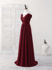 Party Dress Renswoude, Burgundy Lace Chiffon Long Prom Dress Burgundy Bridesmaid Dress
