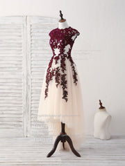 Bridesmaid Dresses 2035, Burgundy Lace Tulle High Low Prom Dress Burgundy Bridesmaid Dress