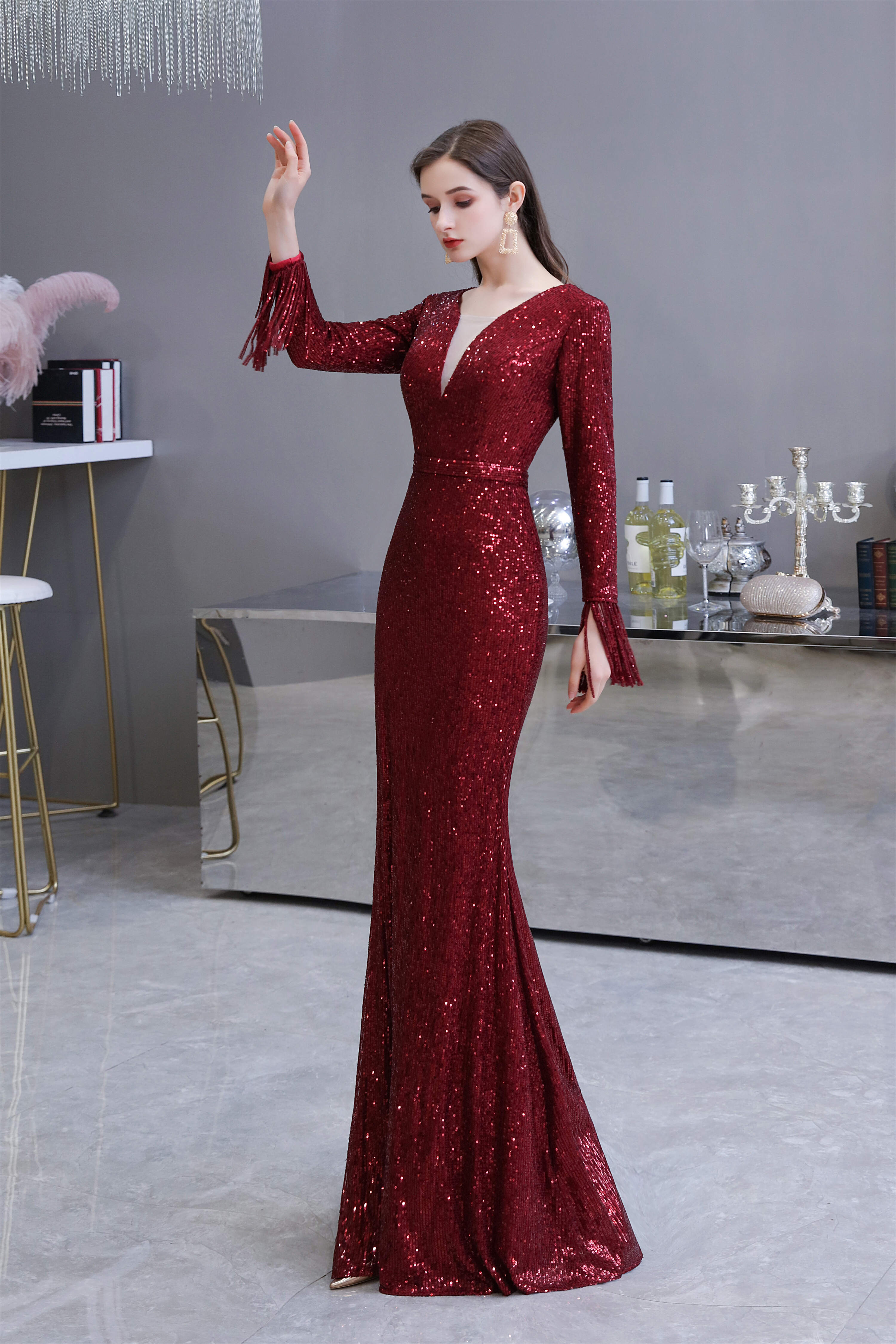 Sweet 43 Dress, Long Sleeve V Neck Floor Length Crystal Beaded Sequins Mermaid Prom Dresses