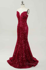 Party Dress Size 30, Burgundy Mermaid V Neckline Sequins Long Prom Dress