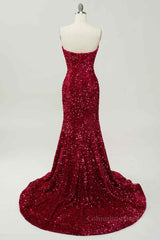 Party Dress Size 34, Burgundy Mermaid V Neckline Sequins Long Prom Dress