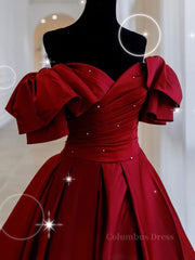 Homecoming Dresses Blues, Burgundy off shoulder satin long prom dress, burgundy evening dress