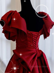Homecomming Dresses Red, Burgundy off shoulder satin long prom dress, burgundy evening dress
