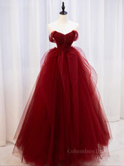 Prom Dresses Long Ball Gown, Burgundy off shoulder tulle lace long prom dress burgundy formal dress