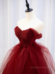Prom Dresses 2027 Cheap, Burgundy off shoulder tulle lace long prom dress burgundy formal dress