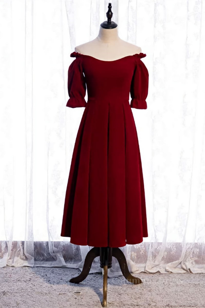 Evening Dresses Boutique, Burgundy Off-the-Shoulder Tea Length Formal Dress with Sleeves