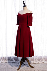 Evening Dresses Elegant, Burgundy Off-the-Shoulder Tea Length Formal Dress with Sleeves