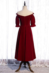 Evening Dresses For Weddings, Burgundy Off-the-Shoulder Tea Length Formal Dress with Sleeves