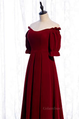 Evening Dresses Wholesale, Burgundy Off-the-Shoulder Tea Length Formal Dress with Sleeves