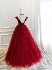 Party Dresses For Babies, Burgundy Round Neck Tulle Lace Long Prom Dress, Burgundy Evening Dress