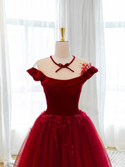 Party Dress Baby, Burgundy Round Neck Tulle Lace Long Prom Dress, Burgundy Evening Dress