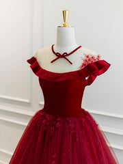 Casual Dress, Burgundy Round Neck Tulle Lace Long Prom Dress, Burgundy Evening Dress