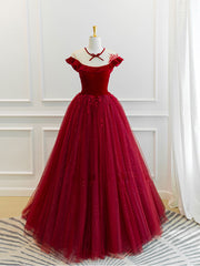Party Dress For Baby, Burgundy Round Neck Tulle Lace Long Prom Dress, Burgundy Evening Dress