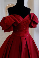 Party Dress And Style, Burgundy Satin Long A Line Prom Dress,Elegant Evening Dress