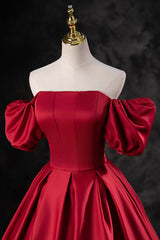 Prom Dress Lace, Burgundy Satin Long A-Line Prom Dress, Off the Shoulder Evening Party Dress