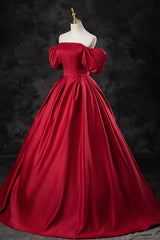 Prom Dress Long Beautiful, Burgundy Satin Long A-Line Prom Dress, Off the Shoulder Evening Party Dress