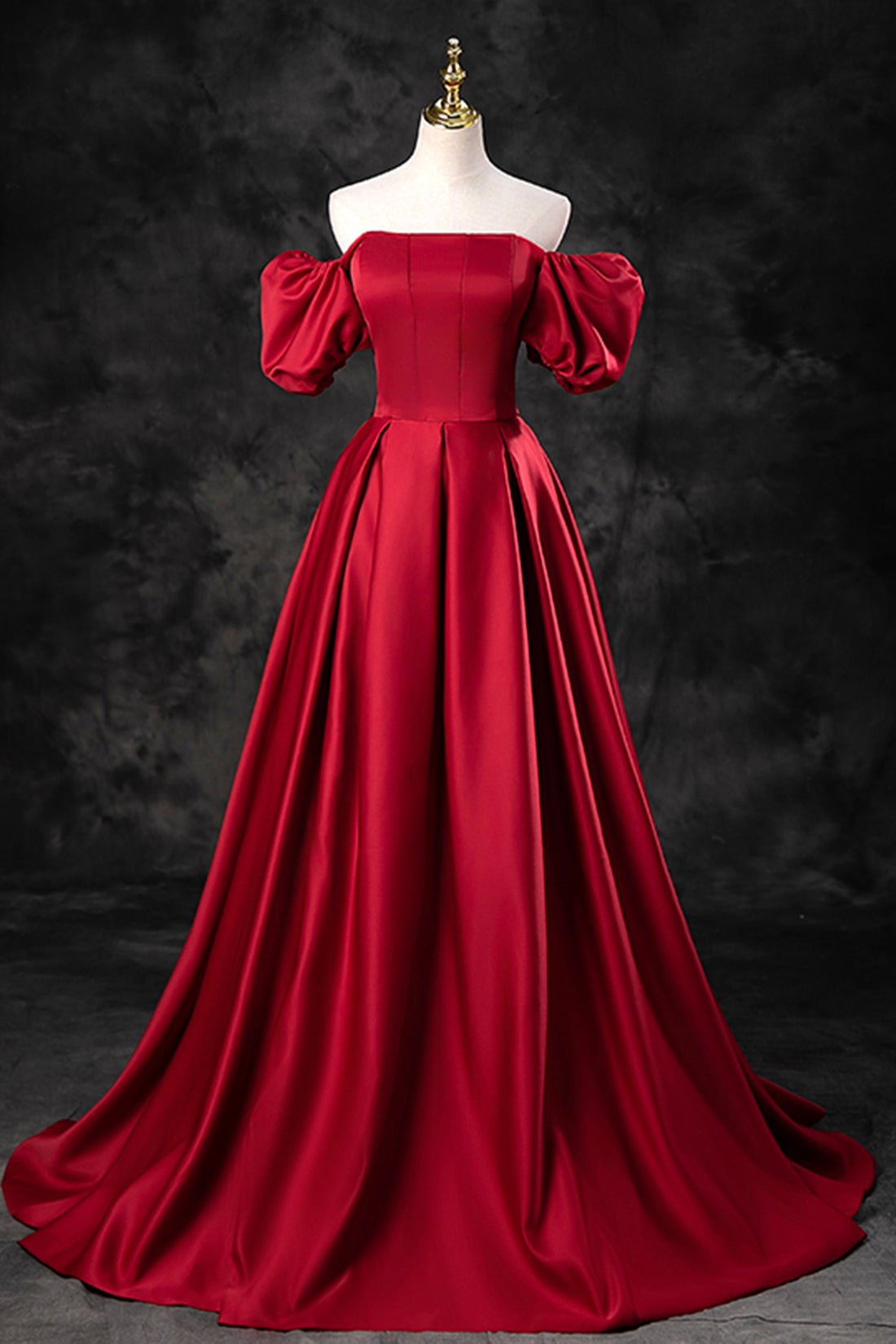 Prom Dresses Laces, Burgundy Satin Long A-Line Prom Dress, Off the Shoulder Evening Party Dress