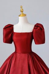 Prom Dress 2032, Burgundy Satin Long Prom Dress, Simple A-Line Short Sleeve Evening Dress