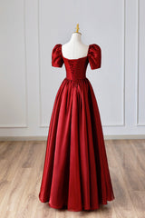 Bridesmaid Propos, Burgundy Satin Long Prom Dress, Simple A-Line Short Sleeve Evening Dress