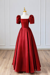 Fall Wedding, Burgundy Satin Long Prom Dress, Simple A-Line Short Sleeve Evening Dress