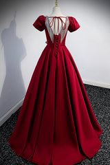 Homecoming Dresses Black Girl, Burgundy Scoop Neckline Satin Long Prom Dress, Short Sleeve Evening Dress