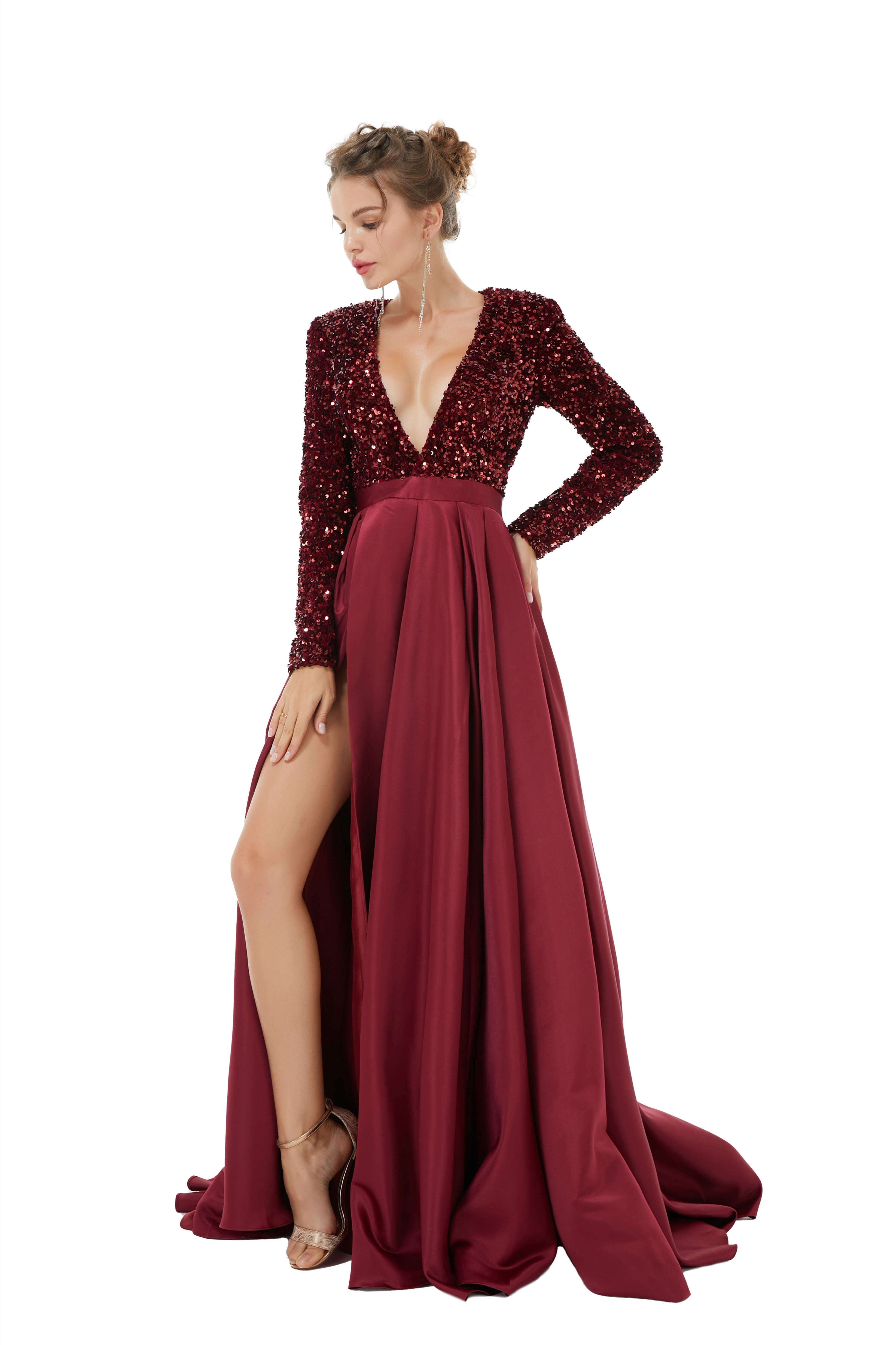 Party Dresses For 41 Year Olds, Sequined Satin A Line Front Slit V Neck Full Sleeve Sweep Train Long Prom Dresses