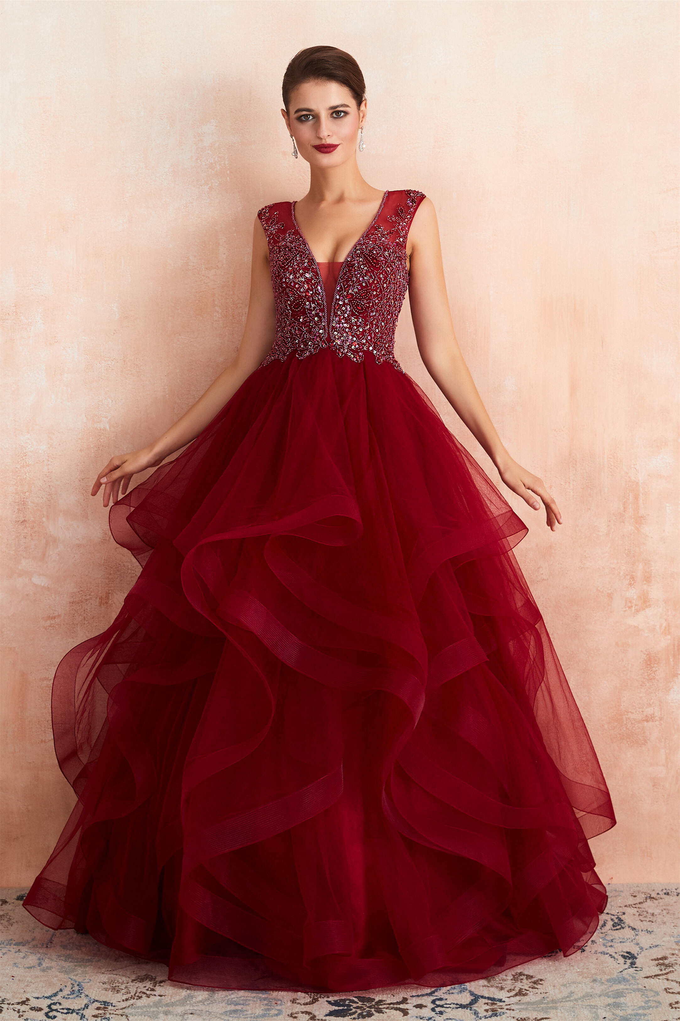 Prom Dress Uk, Burgundy Sleeveless Aline Puffy Tulle Prom Dresses with Sequins