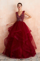 Prom Dresses 2050 Fashion Outfits, Burgundy Sleeveless Aline Puffy Tulle Prom Dresses with Sequins