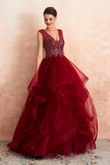 Prom Dress Cute, Burgundy Sleeveless Aline Puffy Tulle Prom Dresses with Sequins
