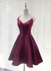 Prom Dress A Line, Burgundy Straps V-neckline Short Party Dress , Lovely Satin Homecoming Dress