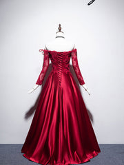 Evening Dress Stores, Burgundy Sweetheart Lace Satin Long Prom Dress Burgundy Evening Dress