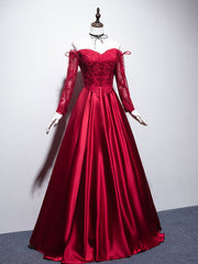 Evening Dresses Stores, Burgundy Sweetheart Lace Satin Long Prom Dress Burgundy Evening Dress