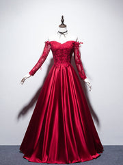 Evening Dresses For Sale, Burgundy Sweetheart Lace Satin Long Prom Dress Burgundy Evening Dress